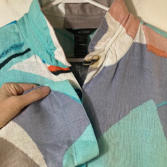 Womens Ali Miles Lagenlook Linen Button Jacket Abstract Aqua Gray Tan L Art to W - Picture 3 of 11